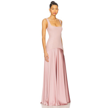Elegant Square Necked Slim Fitting Panelled Pink Satin Flowy Satin fabric Midi Dress