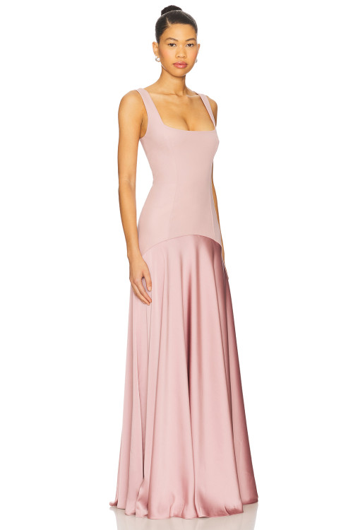 Elegant Square Necked Slim Fitting Panelled Pink Satin Flowy Satin fabric Midi Dress