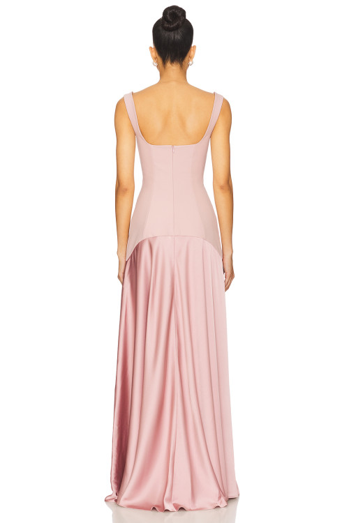 Elegant Square Necked Slim Fitting Panelled Pink Satin Flowy Satin fabric Midi Dress