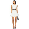 Simple Sleeveless Metal Button Embellishments Black Belt Flirty Ruffled Hem White Dress
