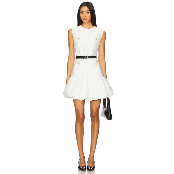 Simple Sleeveless Metal Button Embellishments Black Belt Flirty Ruffled Hem White Dress