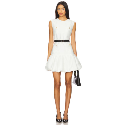 Simple Sleeveless Metal Button Embellishments Black Belt Flirty Ruffled Hem White Dress