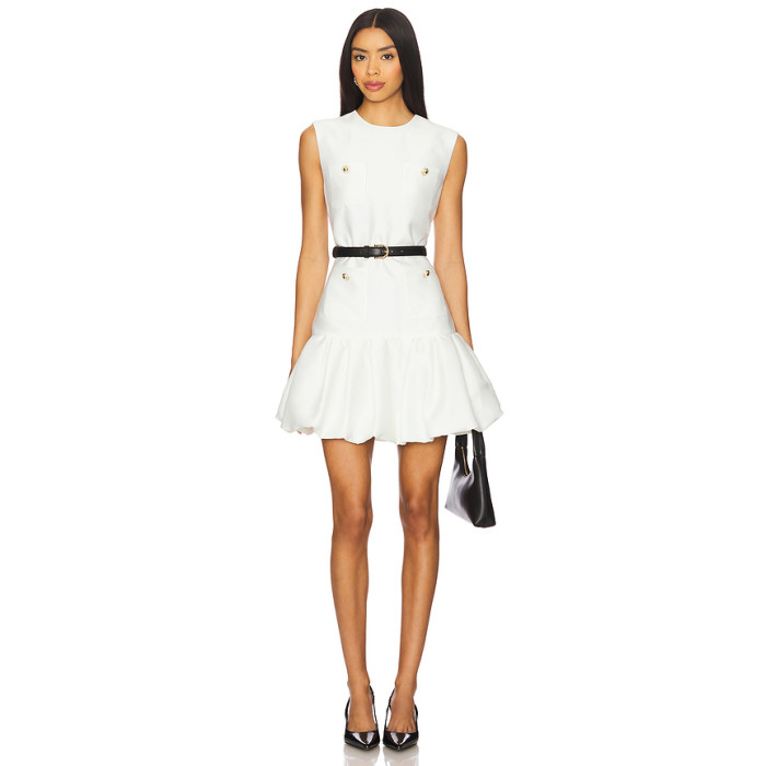 Simple Sleeveless Metal Button Embellishments Black Belt Flirty Ruffled Hem White Dress