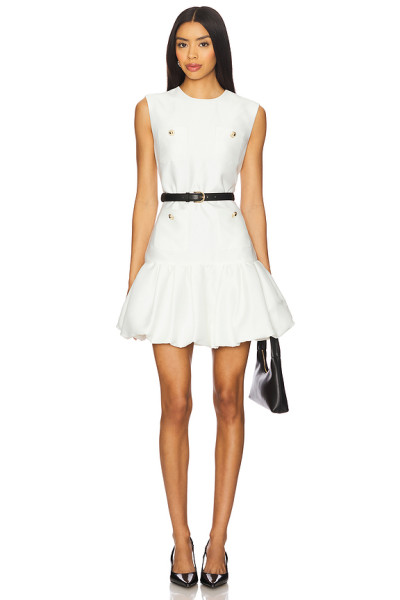 Simple Sleeveless Metal Button Embellishments Black Belt Flirty Ruffled Hem White Dress