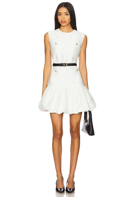 Simple Sleeveless Metal Button Embellishments Black Belt Flirty Ruffled Hem White Dress
