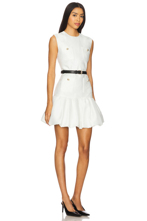 Simple Sleeveless Metal Button Embellishments Black Belt Flirty Ruffled Hem White Dress