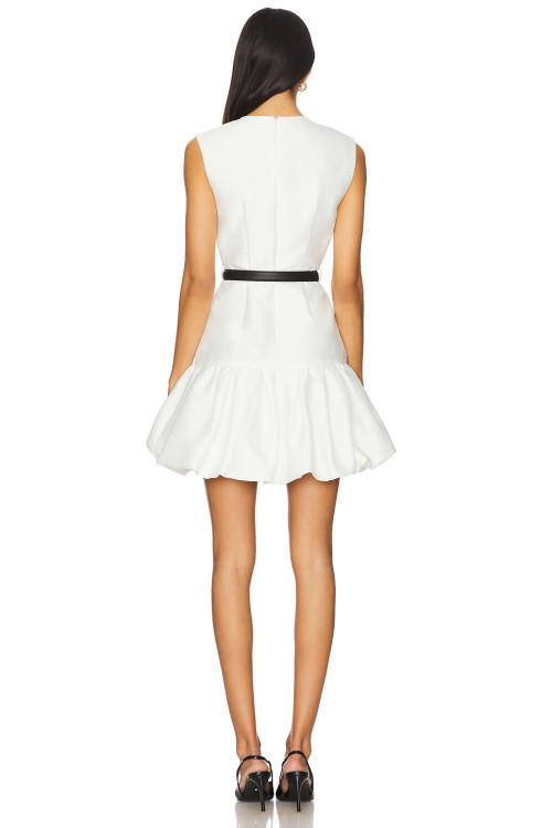 Simple Sleeveless Metal Button Embellishments Black Belt Flirty Ruffled Hem White Dress