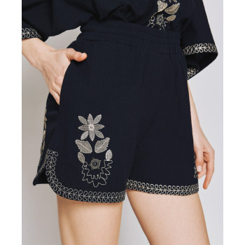 Daily Sample High Waist Side Pocket Elastic Waistband Embroidered Casual Pants