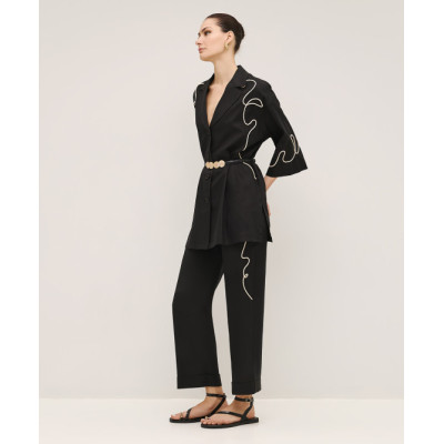 Handsome Elegant  V-Neckline Lapel Collar Widen Long Sleeve Solid Color Drawstring Embroidery Casual Tops