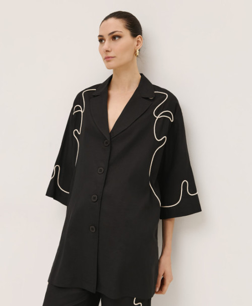 Handsome Elegant  V-Neckline Lapel Collar Widen Long Sleeve Solid Color Drawstring Embroidery Casual Tops