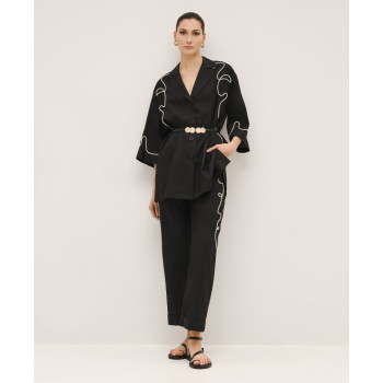 Handsome Elegant  V-Neckline Lapel Collar Widen Long Sleeve Solid Color Drawstring Embroidery Casual Tops