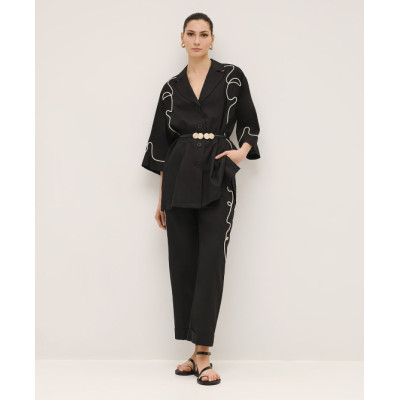 Handsome Elegant  V-Neckline Lapel Collar Widen Long Sleeve Solid Color Drawstring Embroidery Casual Tops