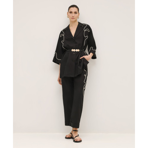 Handsome Elegant  V-Neckline Lapel Collar Widen Long Sleeve Solid Color Drawstring Embroidery Casual Tops