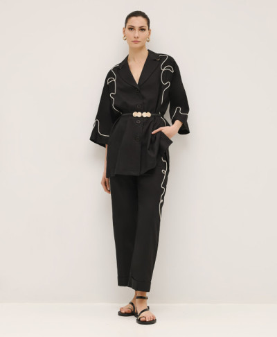 Handsome Elegant  V-Neckline Lapel Collar Widen Long Sleeve Solid Color Drawstring Embroidery Casual Tops