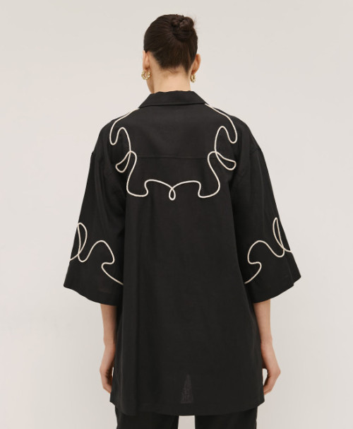 Handsome Elegant  V-Neckline Lapel Collar Widen Long Sleeve Solid Color Drawstring Embroidery Casual Tops