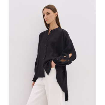 Daily Elegant Band Collar Long Puffed Sleeve Solid Color Asymmetrical Hemline Casual Tops