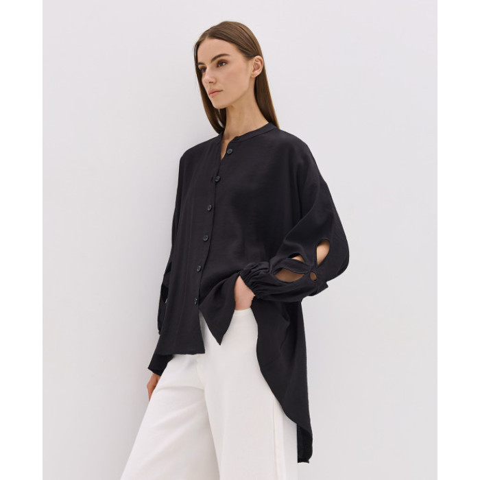 Daily Elegant Band Collar Long Puffed Sleeve Solid Color Asymmetrical Hemline Casual Tops