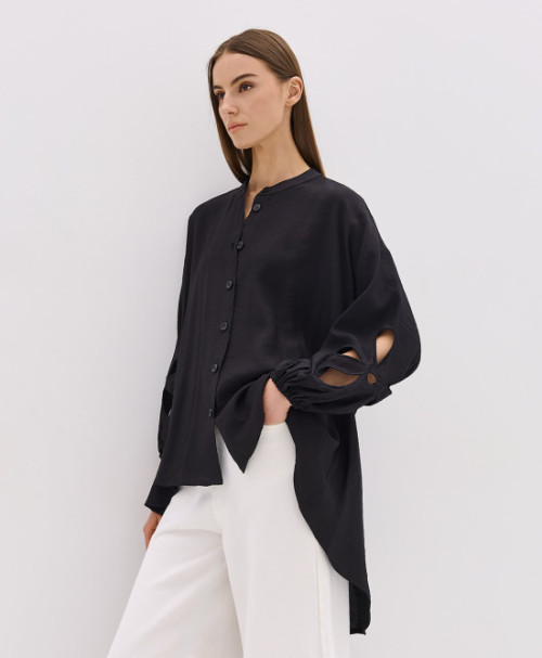 Daily Elegant Band Collar Long Puffed Sleeve Solid Color Asymmetrical Hemline Casual Tops