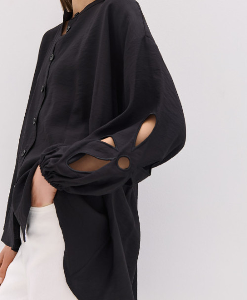 Daily Elegant Band Collar Long Puffed Sleeve Solid Color Asymmetrical Hemline Casual Tops