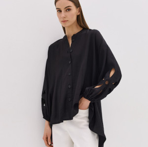 Daily Elegant Band Collar Long Puffed Sleeve Solid Color Asymmetrical Hemline Casual Tops