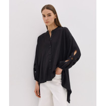 Daily Elegant Band Collar Long Puffed Sleeve Solid Color Asymmetrical Hemline Casual Tops