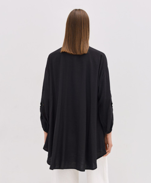 Daily Elegant Band Collar Long Puffed Sleeve Solid Color Asymmetrical Hemline Casual Tops