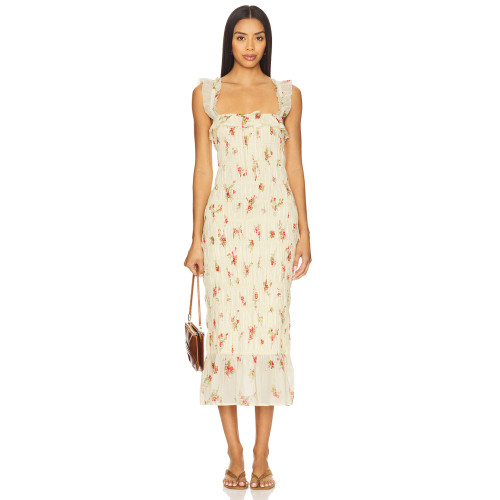 Vintage Floral Square Neck Ruffles Elastic Stretch at Shoulder Straps Midi Dress