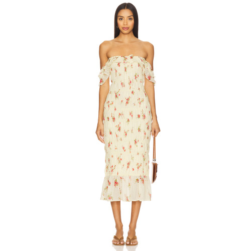 Vintage Floral Square Neck Ruffles Elastic Stretch at Shoulder Straps Midi Dress