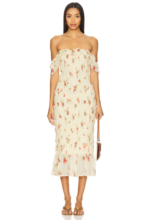Vintage Floral Square Neck Ruffles Elastic Stretch at Shoulder Straps Midi Dress