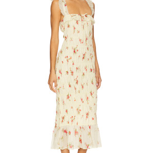 Vintage Floral Square Neck Ruffles Elastic Stretch at Shoulder Straps Midi Dress