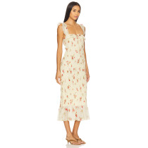 Vintage Floral Square Neck Ruffles Elastic Stretch at Shoulder Straps Midi Dress