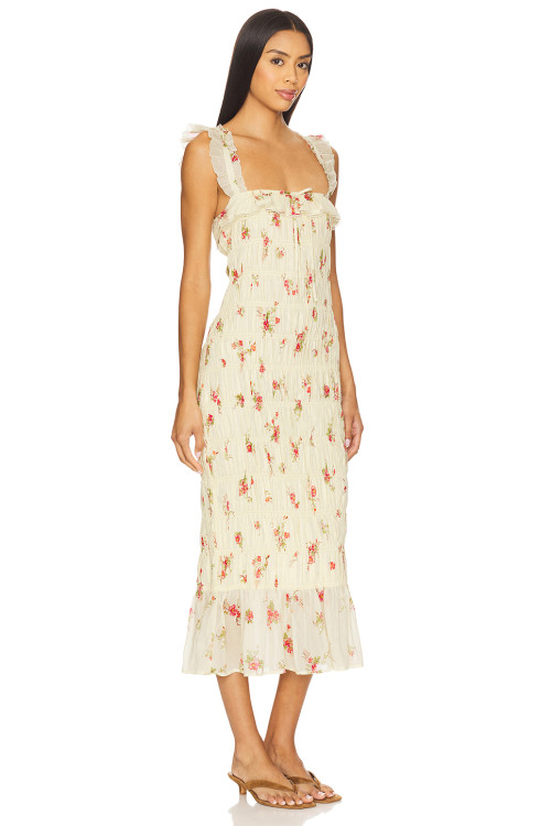 Vintage Floral Square Neck Ruffles Elastic Stretch at Shoulder Straps Midi Dress