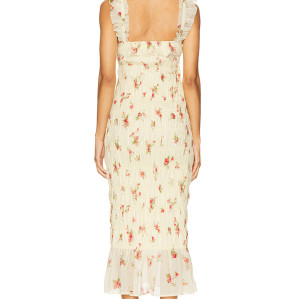Vintage Floral Square Neck Ruffles Elastic Stretch at Shoulder Straps Midi Dress