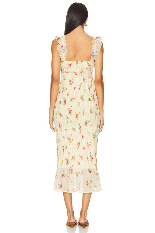 Vintage Floral Square Neck Ruffles Elastic Stretch at Shoulder Straps Midi Dress