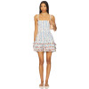 Blue White Striped Floral Spaghetti Strap Adjustable Shoulder Straps Beaded Trim Ruffled Mini dress