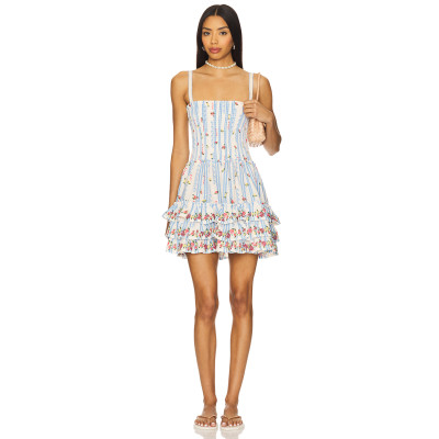 Blue White Striped Floral Spaghetti Strap Adjustable Shoulder Straps Beaded Trim Ruffled Mini dress