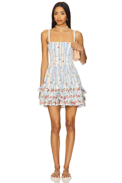 Blue White Striped Floral Spaghetti Strap Adjustable Shoulder Straps Beaded Trim Ruffled Mini dress