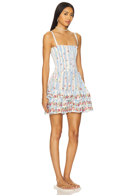 Blue White Striped Floral Spaghetti Strap Adjustable Shoulder Straps Beaded Trim Ruffled Mini dress