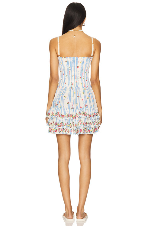 Blue White Striped Floral Spaghetti Strap Adjustable Shoulder Straps Beaded Trim Ruffled Mini dress