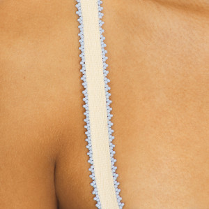 Blue White Striped Floral Spaghetti Strap Adjustable Shoulder Straps Beaded Trim Ruffled Mini dress