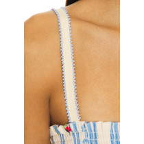 Blue White Striped Floral Spaghetti Strap Adjustable Shoulder Straps Beaded Trim Ruffled Mini dress