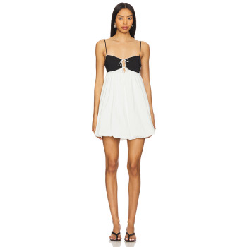 Black White Contrast Color Embroidery Decoration Spaghetti Strap Puffed Hem Design Mini Dress