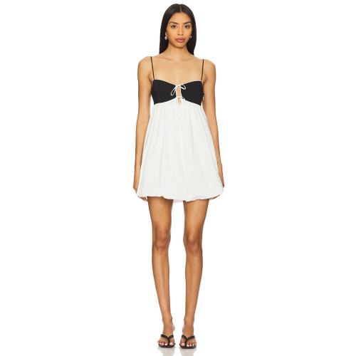 Black White Contrast Color Embroidery Decoration Spaghetti Strap Puffed Hem Design Mini Dress
