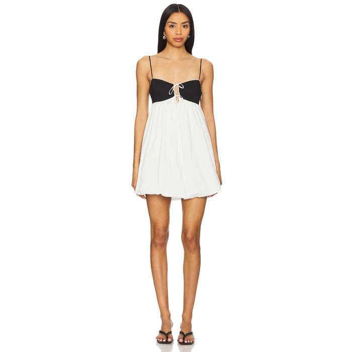 Black White Contrast Color Embroidery Decoration Spaghetti Strap Puffed Hem Design Mini Dress