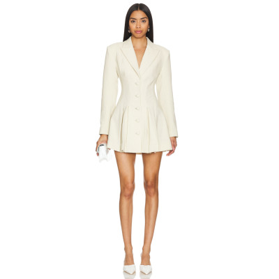 2025 Hot Sale Fashionable Slim Fit Lapel Button Decorated Pleated White Blazer Dress