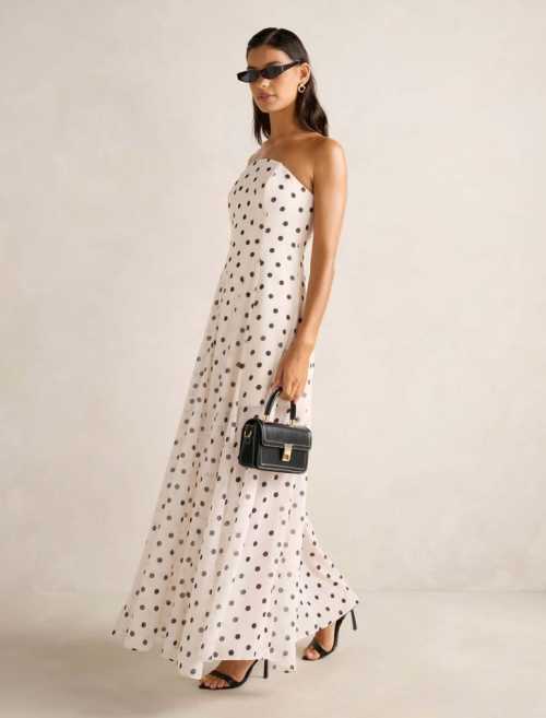 Elegant Bandeau Neckline Sleeveless Polka-Dot Print All Over High Waist Casual Dress