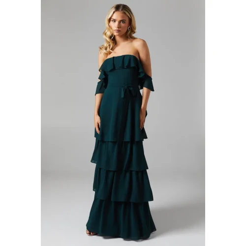 Elegant Off Shoulder Slim Tie At The Waist Tight Waist Solid Color Tiered Skirt