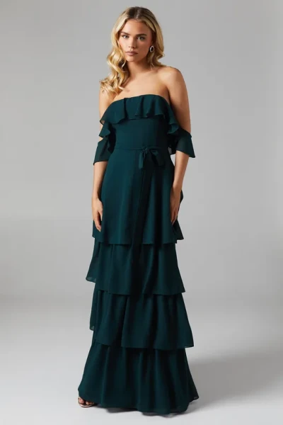 Elegant Off Shoulder Slim Tie At The Waist Tight Waist Solid Color Tiered Skirt