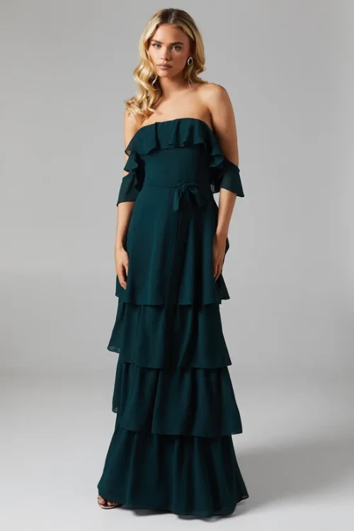 Elegant Off Shoulder Slim Tie At The Waist Tight Waist Solid Color Tiered Skirt