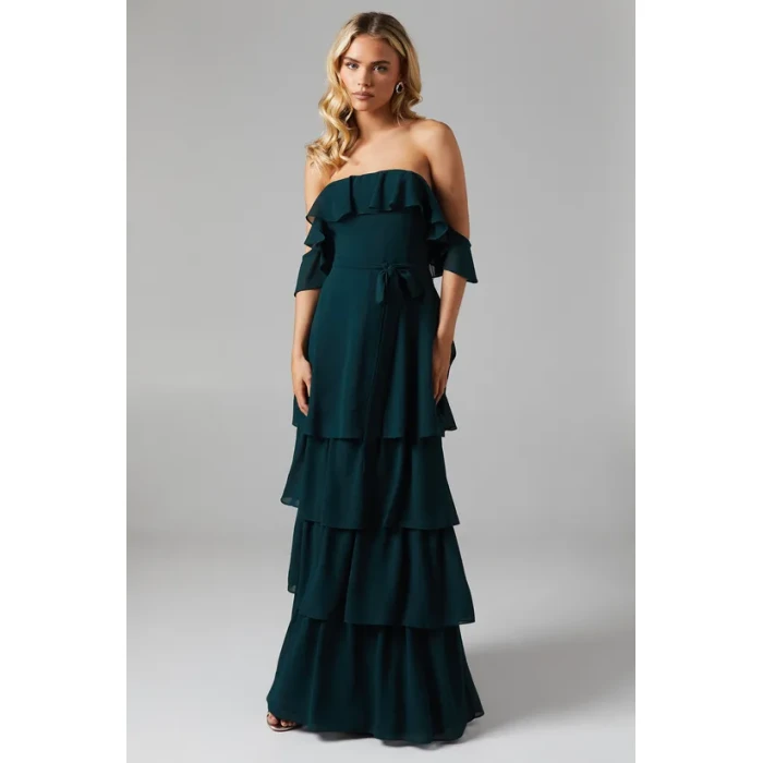 Elegant Off Shoulder Slim Tie At The Waist Tight Waist Solid Color Tiered Skirt